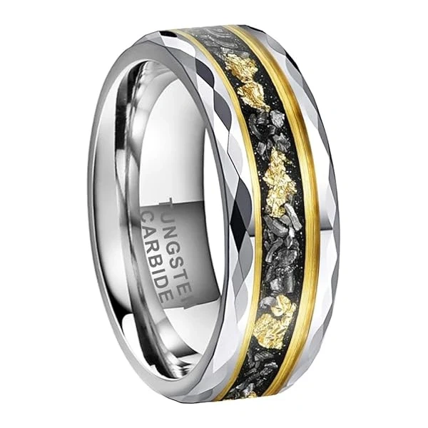 Luxury Gold Plated Hammered 8mm Men Tungsten Ring with groove Inlay Stone and Gold Foil Wedding Band Ring
