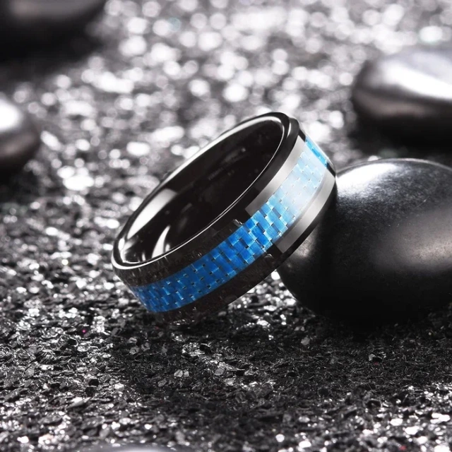 8mm Black Tungsten Ring for Men Women Engagement Wedding Band Blue Carbon Fiber Inlay Beveled Comfort Fit