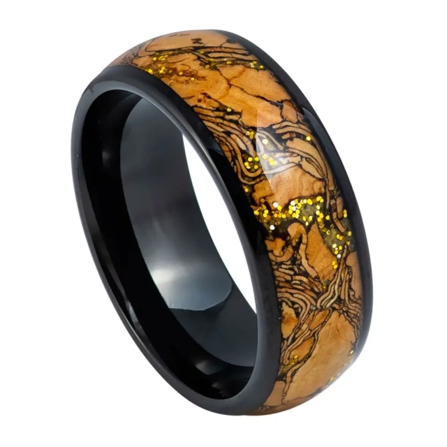 Tungsten Carbide Black Plated with Wood Inlay Wedding Band Ring for Men Nature Collection