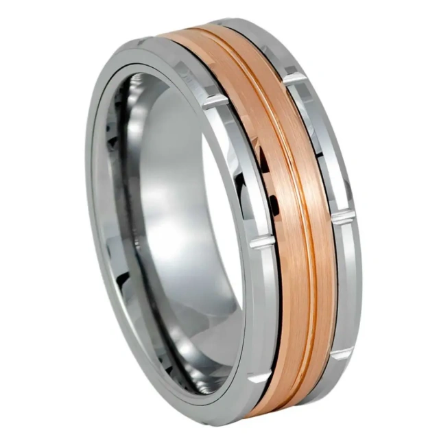 Ouyuan Jewelry Stepped Beveled Edges Brushed Finish 10mm Rose Gold Tungsten Ring For Men Women Fashion Wedding Band