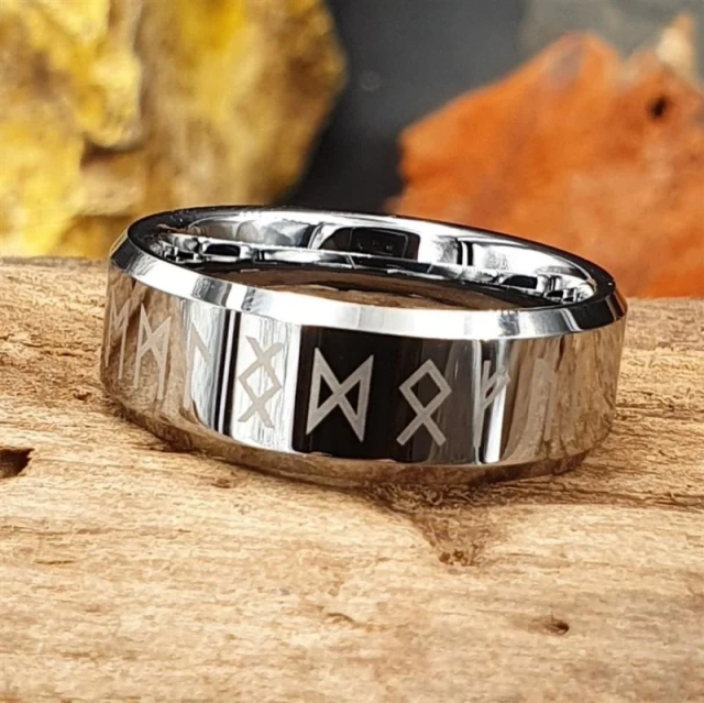 Daily High Polished Custom Jewelry  Viking Rune Tungsten Steel Ring Silver Wedding Rings for Men Fashion Jewelry Comfort Fit 8MM