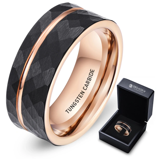 Men's Brushed Grooved Ring Hammered Black Tungsten Ring for Engagement or Anniversary-Classic Style