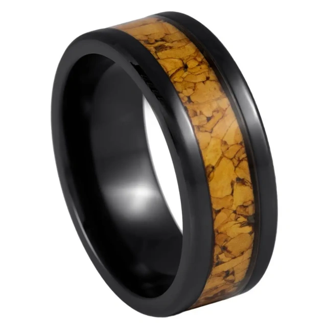Tungsten Carbide Black Plated with Wood Inlay Wedding Band Ring for Men Nature Collection