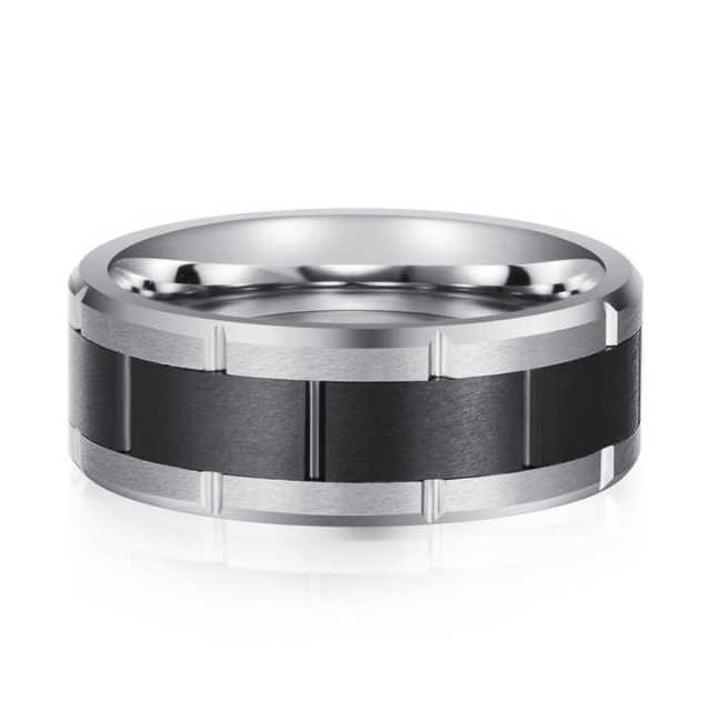 Ouyuan Custom 8mm Tungsten Ring for Men Beveled Edge Grooved Matt Brush Finish Silver Black Classic Style for Engagement Gift
