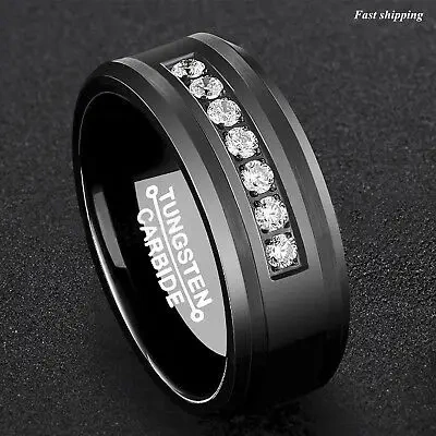 Men's Wedding Ring Men Gems Tungsten Steel Ring square Zircon Ring Black White Diamond