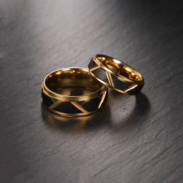 Black and Gold Tungsten Rings 8mm - Grooved Band - Ouyuan Jewelry