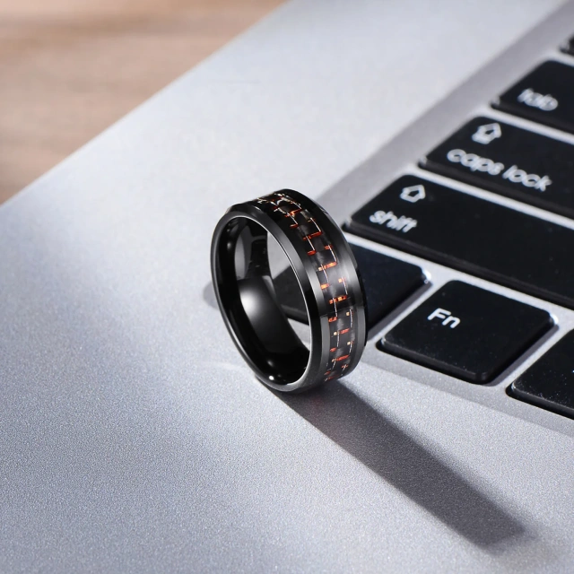 8mm Black Tungsten Carbide Black Red Carbon Fiber Inlay Wedding Band Ring Polished Finish Edges Comfort Fit