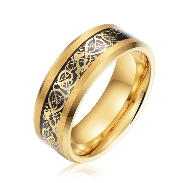 Ouyuan 6mm 8mm Silver Tungsten Ring Set Men Celtic Golden Dragon Inlay Wedding Band Free Engraving