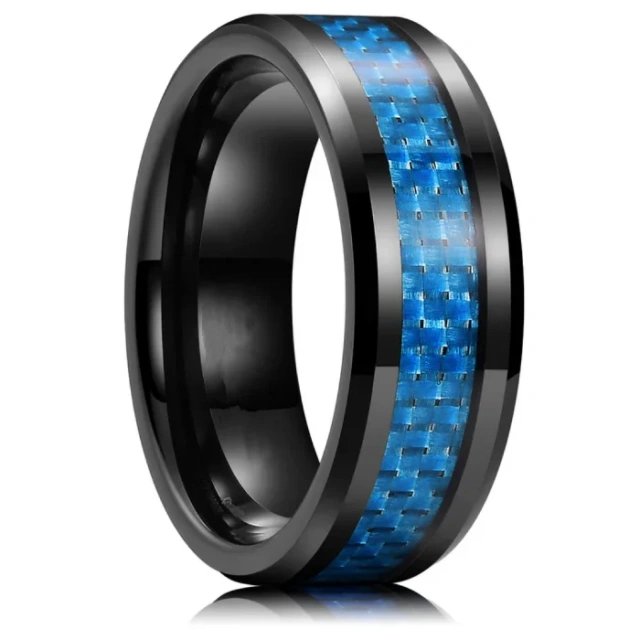 2025 Fashion Jewelry Custom 8mm Black Tungsten Ring Men Wedding Band Blue Carbon Fiber Inlay Beveled Comfort Fit