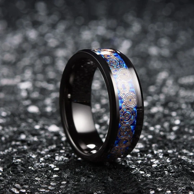 Fashion Jewelry 8mm Black Tungsten Ring Men Women Couple Wedding Band Steampunk Gear Wheel Carbon Fiber Inlay Comfort Fit