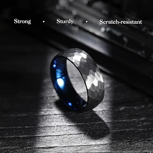 Tungsten 8MM Black Blue Hammered Matte Brushed Finish Engagement Wedding Ring for Man Fashion Rings Jewelry for Men Comfort