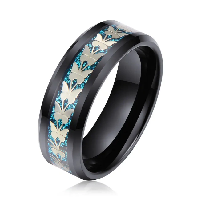 Men's 8mm Steampunk Butterflies Wedding Band Black Tungsten Carbon Fiber Inlay Ring for Men