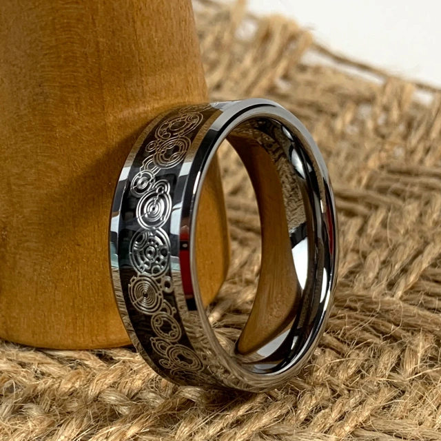 Wholesale Trends 8mm Tungsten Ring Steampunk Gear Wheel Carbon Fiber Inlay Beveled Edges Men Wedding Band Comfort Fit