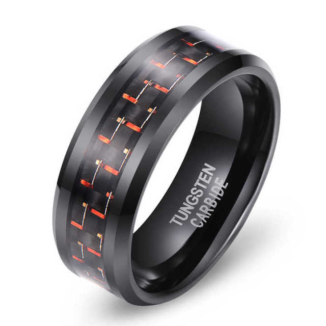 8mm Black Tungsten Carbide Black Red Carbon Fiber Inlay Wedding Band Ring Polished Finish Edges Comfort Fit