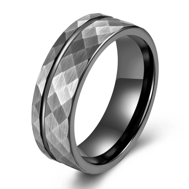 Wholesale 8mm Offset Line Black Plated Hammered Tungsten Ring for Men Women Fashion Engagement Wedding Band