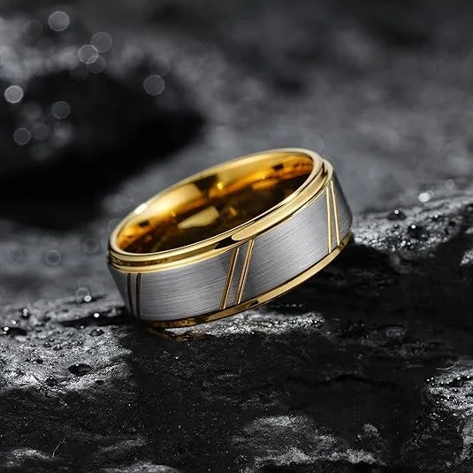 Wholesale Price Classic Fashion Rings Stepped Edge Brushed Tungsten Ring Tungsten Wedding Ring 18K Gold Jewelry for Women Men