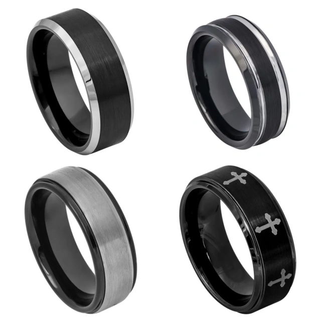 Ouyuan Jewelry Wholesale Men Black Plated Tungsten Men Ring with Step Wedding Band Simply Men Fashion Jewlery