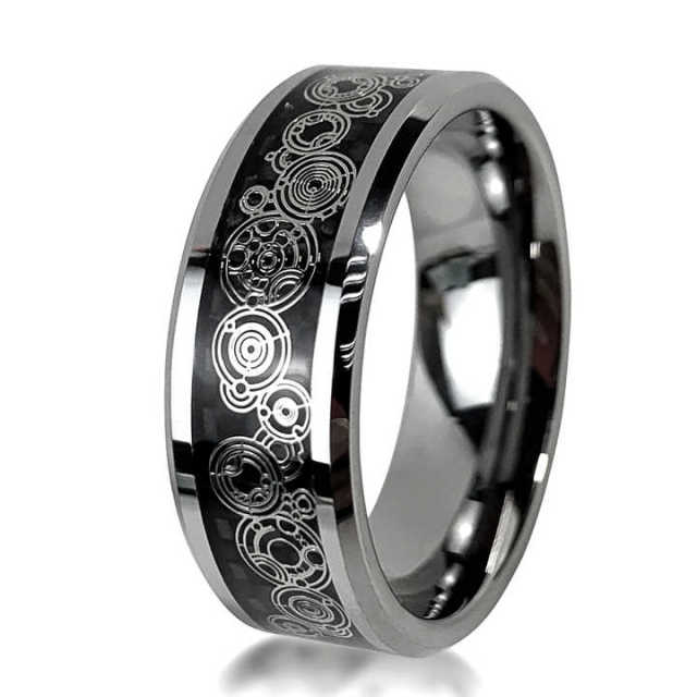 Wholesale Trends 8mm Tungsten Ring Steampunk Gear Wheel Carbon Fiber Inlay Beveled Edges Men Wedding Band Comfort Fit