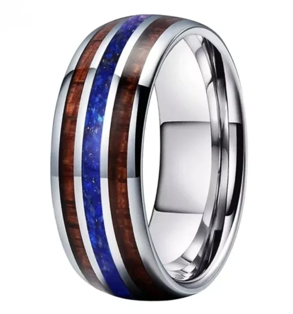 8mm Alin Hammered 2 Channel Whikey Barrel Inlay Blue Opal Black Plated Tungsten Carbide Wedding Bands