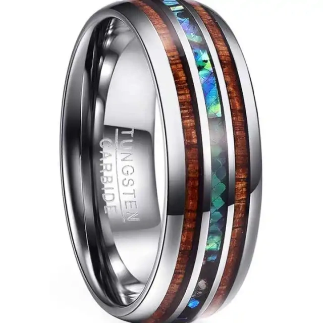 Fashionable 8mm Hawaiian Wood Abalone Shell Inlay Rose Gold Tungsten Carbide Wedding Band for Men and Women for Engagement