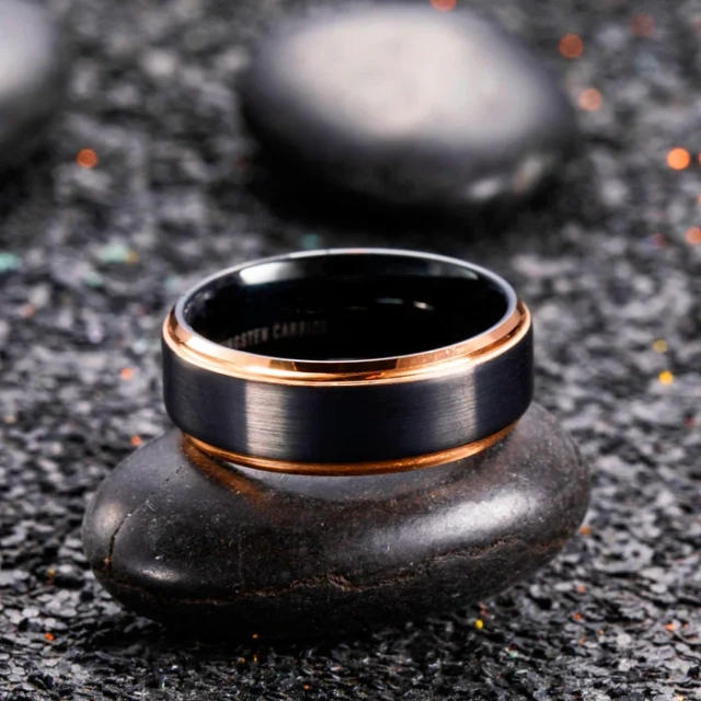 Wholesale Black Tungsten Rings - Rose Gold Edge Brushed - Ouyuan