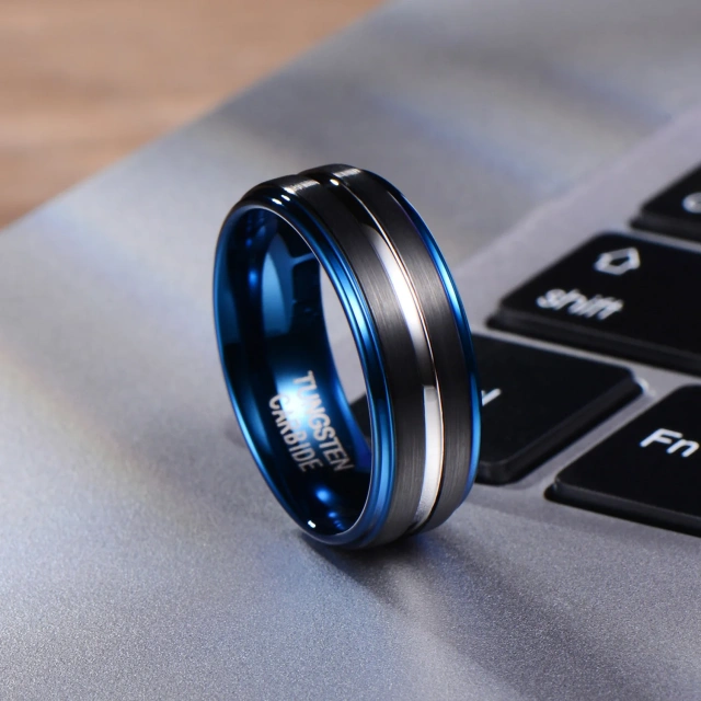 Hot Selling New Design Black and Blue Tungsten Carbide Ring Mens
