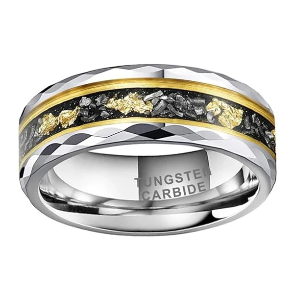 Luxury Gold Plated Hammered 8mm Men Tungsten Ring with groove Inlay Stone and Gold Foil Wedding Band Ring
