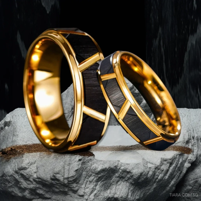 Black and Gold Tungsten Rings 8mm - Grooved Band - Ouyuan Jewelry