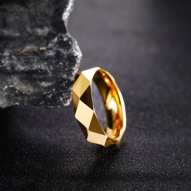 24K Gold Plated Tungsten Rings - 6mm Faceted Mens Band - Ouyuan