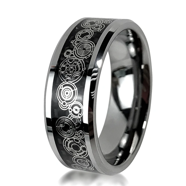 Wholesale Trends 8mm Tungsten Ring Steampunk Gear Wheel Carbon Fiber Inlay Beveled Edges Men Wedding Band Comfort Fit