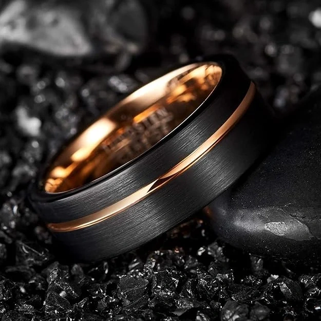Wholesale Factory Price 8mm Black Rose Gold Plated Custom Tungsten Jewelry Men Womens Rings Wedding Rings Fashion Rings
