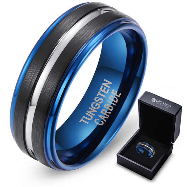 Hot Selling New Design Black and Blue Tungsten Carbide Ring Mens