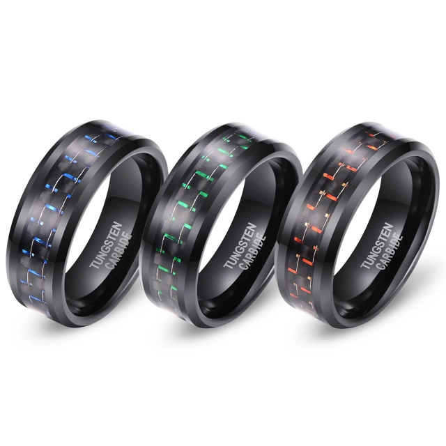 8mm Black Tungsten Carbide Black Red Carbon Fiber Inlay Wedding Band Ring Polished Finish Edges Comfort Fit