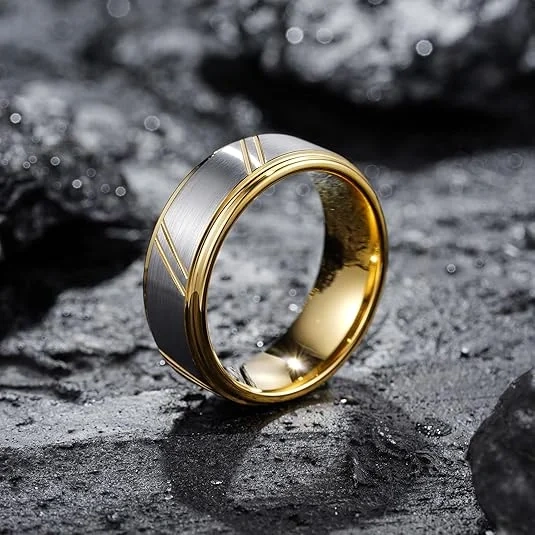 Wholesale Price Classic Fashion Rings Stepped Edge Brushed Tungsten Ring Tungsten Wedding Ring 18K Gold Jewelry for Women Men