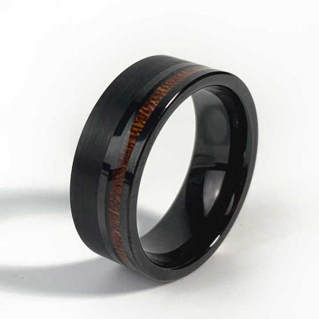 8mm Mens Wedding Black Tungsten Ring With Wood Offset Inlaid