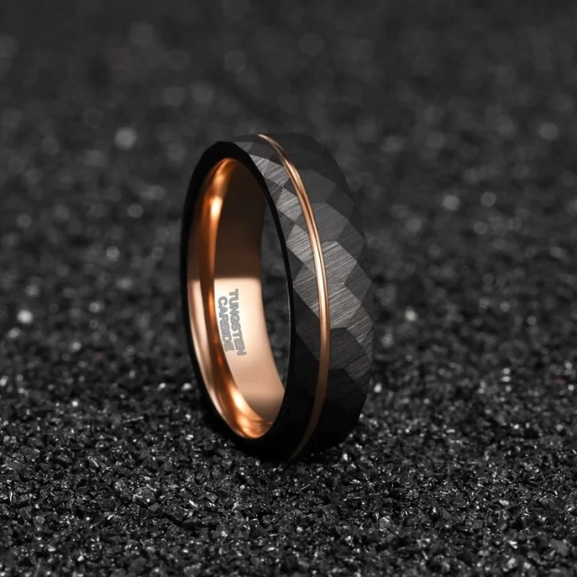 Black Diamond Face Hammered Rose Gold Tungsten Ring Black Wedding Ring Set