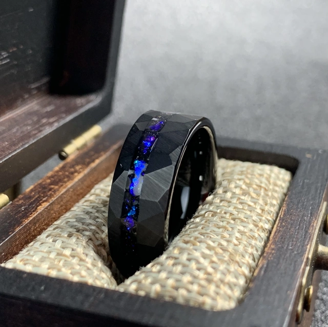 8mm Hammered Matte Black Tungsten Meteorite Galaxy Opal Gemstone Mens Unite Wedding Band