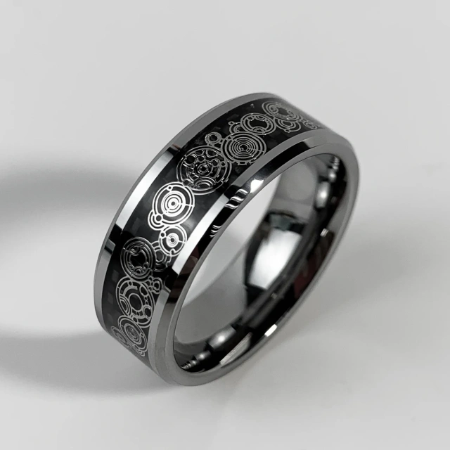 Wholesale Trends 8mm Tungsten Ring Steampunk Gear Wheel Carbon Fiber Inlay Beveled Edges Men Wedding Band Comfort Fit