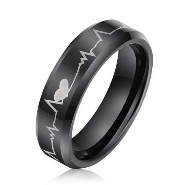Ouyuan Fashion Rings 6mm Black Tungsten Ring Laser Heart Pattern Vintage Couple Wedding Rings