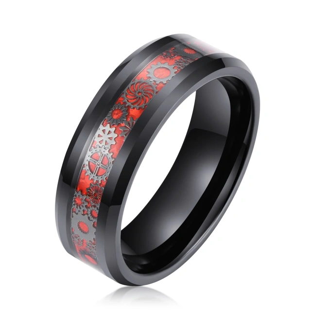 Wholesale 8mm Silver Tungsten Ring Steampunk Gear Wheel Carbon Fiber Inlay Beveled Edges Men Women Wedding Band Comfort Fit