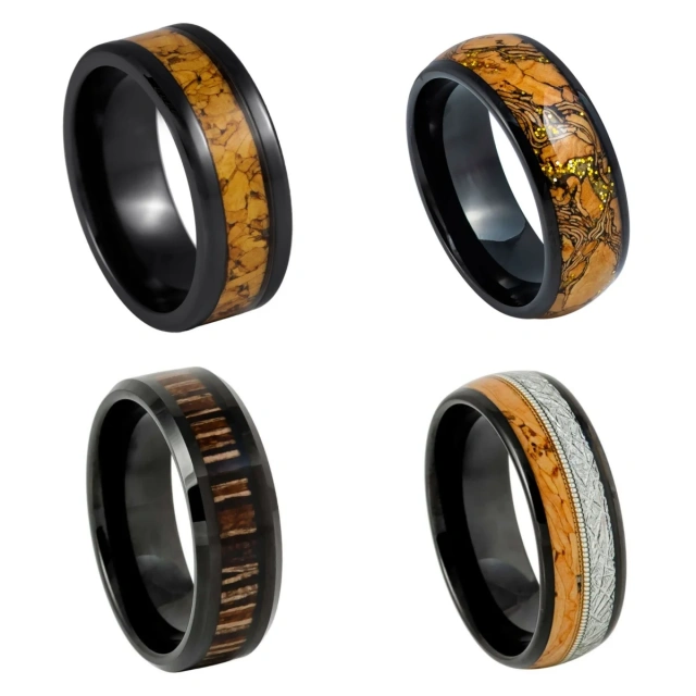Tungsten Carbide Black Plated with Wood Inlay Wedding Band Ring for Men Nature Collection