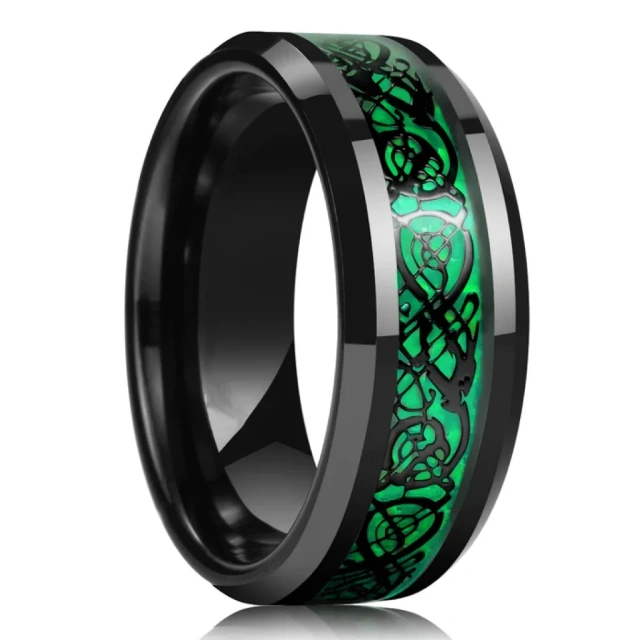Fashion Jewelry Rings Custom 8mm Beveled Edge Green Opal Sticker Inlay Tungsten Ring for Men Women