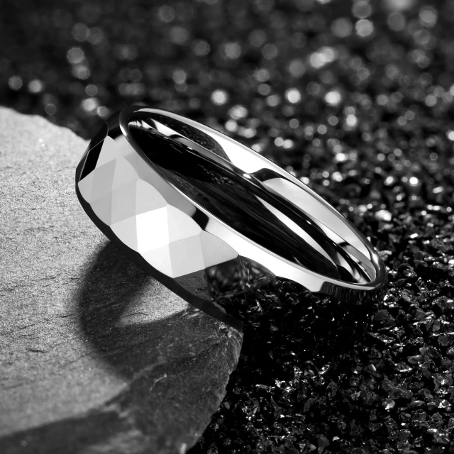 Faceted Pattern Hammered Tungsten Ring Silver Tungsten Ring Carbide Ring Tungsten Men