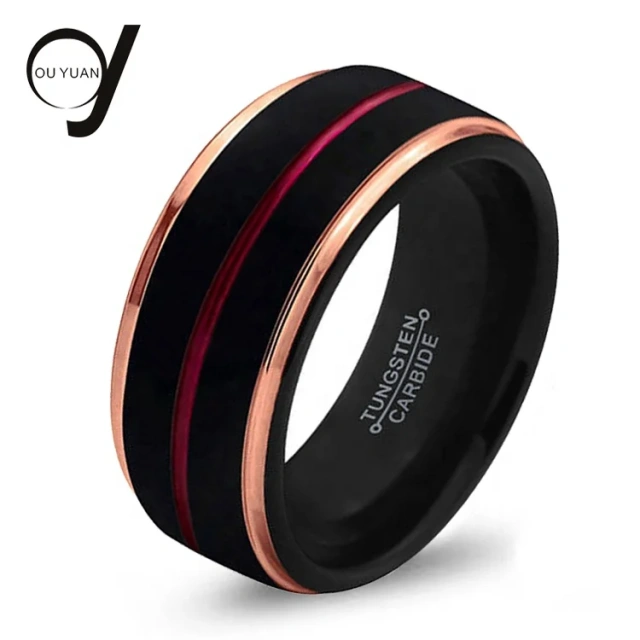 6mm Tungsten Carbide Rose Gold and Black Plated 2 Stripes Wedding Ring