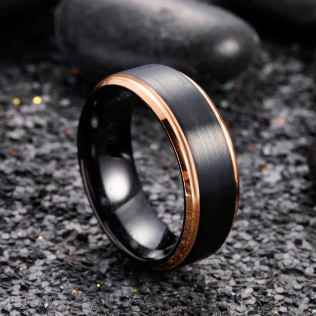 Wholesale Black Tungsten Rings - Rose Gold Edge Brushed - Ouyuan