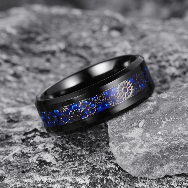 Wedding Band Jewelry Inlay Blue Carbon Fiber Ring Vintage Punk Gear Wheel Ring for Man Women Rings	Tungsten Jewelri