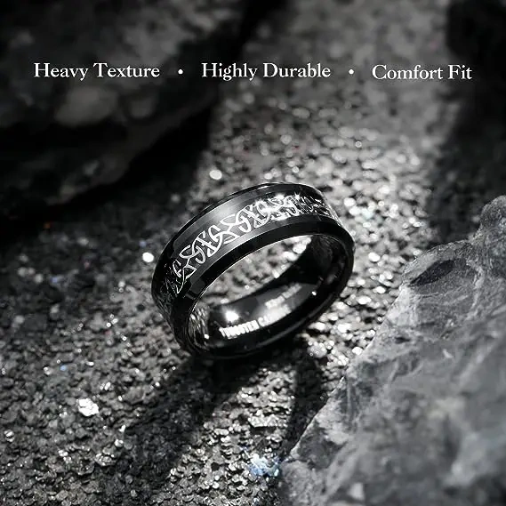 Ouyuan 6/8mm Free Sample Tungsten Carbide Rings Men Women Silver Beveled Edge Celtic Knot Rings Black Carbon Fiber Inlay Ring