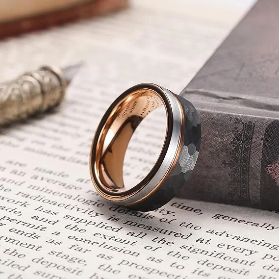 Wholesale Hammered Brushed Tungsten Ring IP Black Rose Gold Tungsten Wedding Ring Men Women Rings Jewelry Comfort Fit
