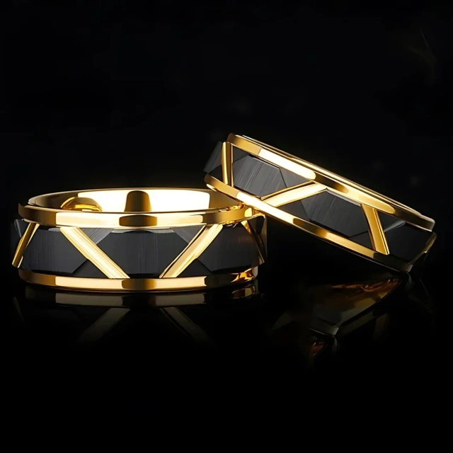 Black and Gold Tungsten Rings 8mm - Grooved Band - Ouyuan Jewelry