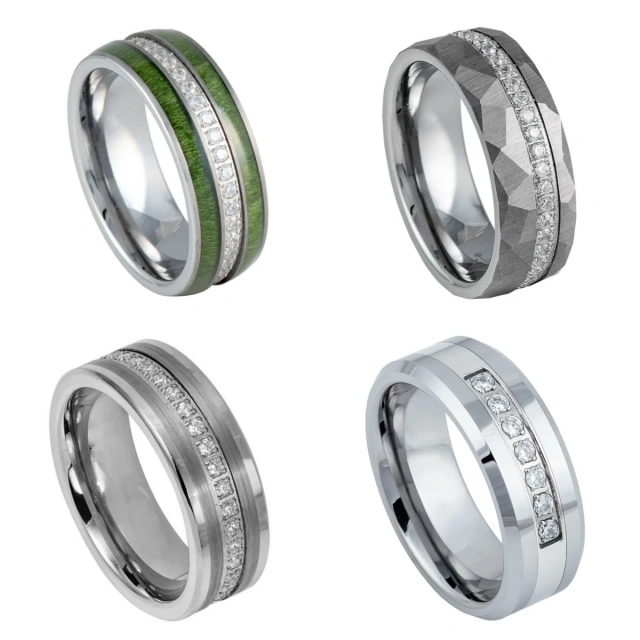 Luxury Hammered Silver Plated Cz Inlay Diamond Tungsten Ring Fashion Men Jewelry Men Ring